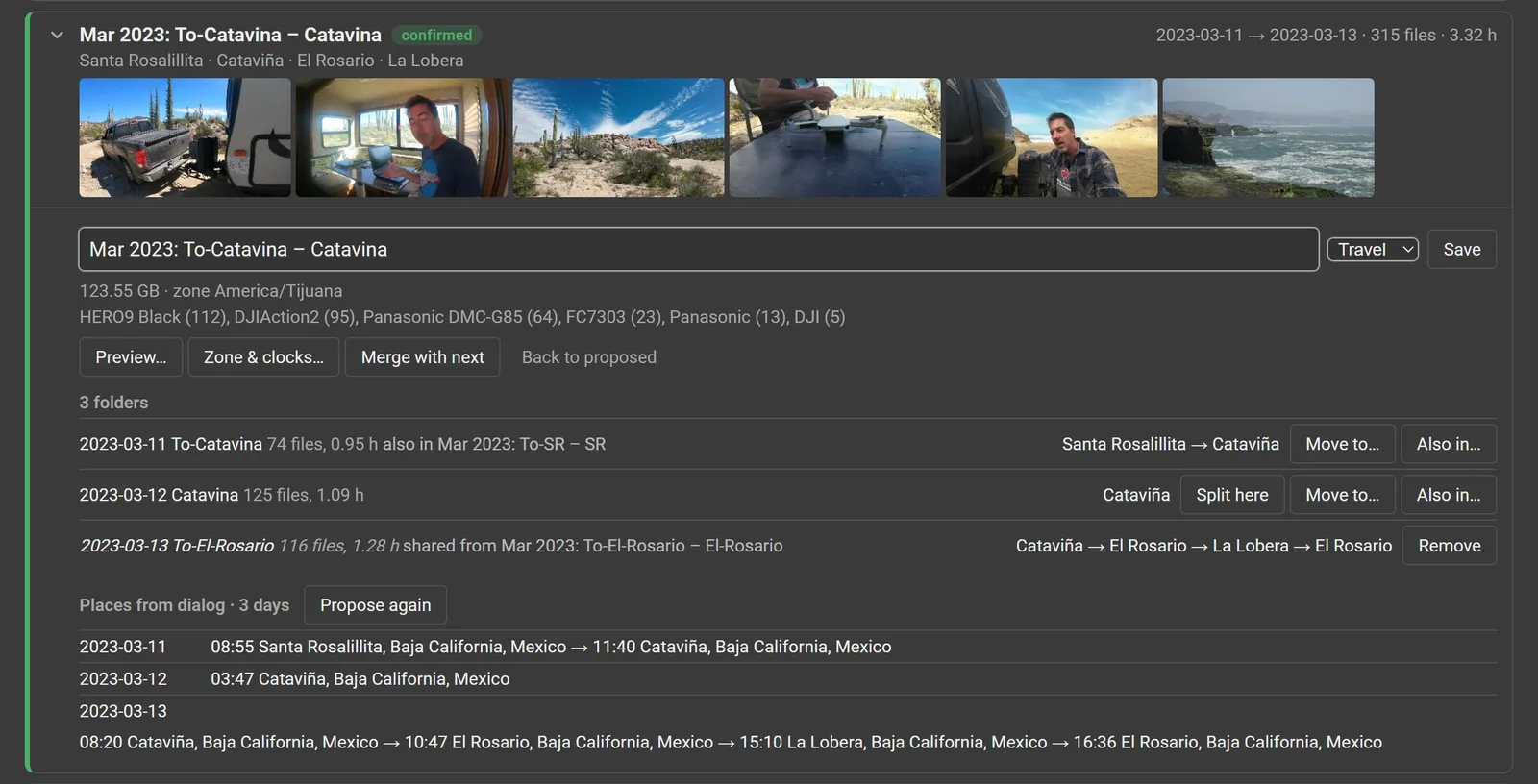 A confirmed trip, March 2023 To-Catavina to Catavina: thumbnails, its three folders and their places, the cameras used, and the places read from what was said on each day
