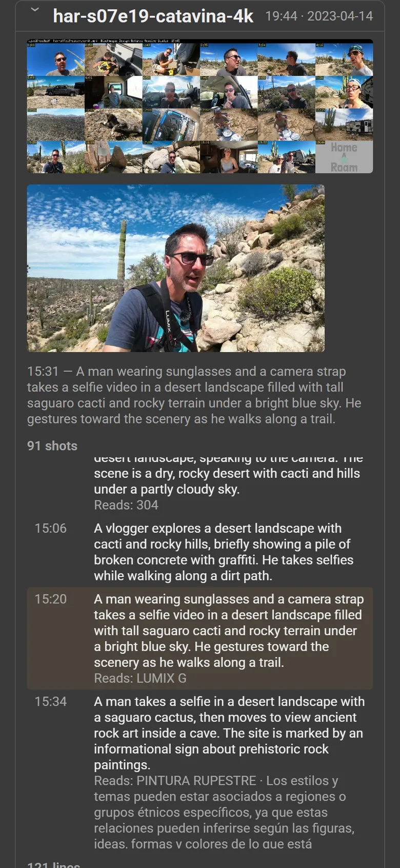An episode open on a phone: its contact sheet, a keyframe, its caption, and its shots