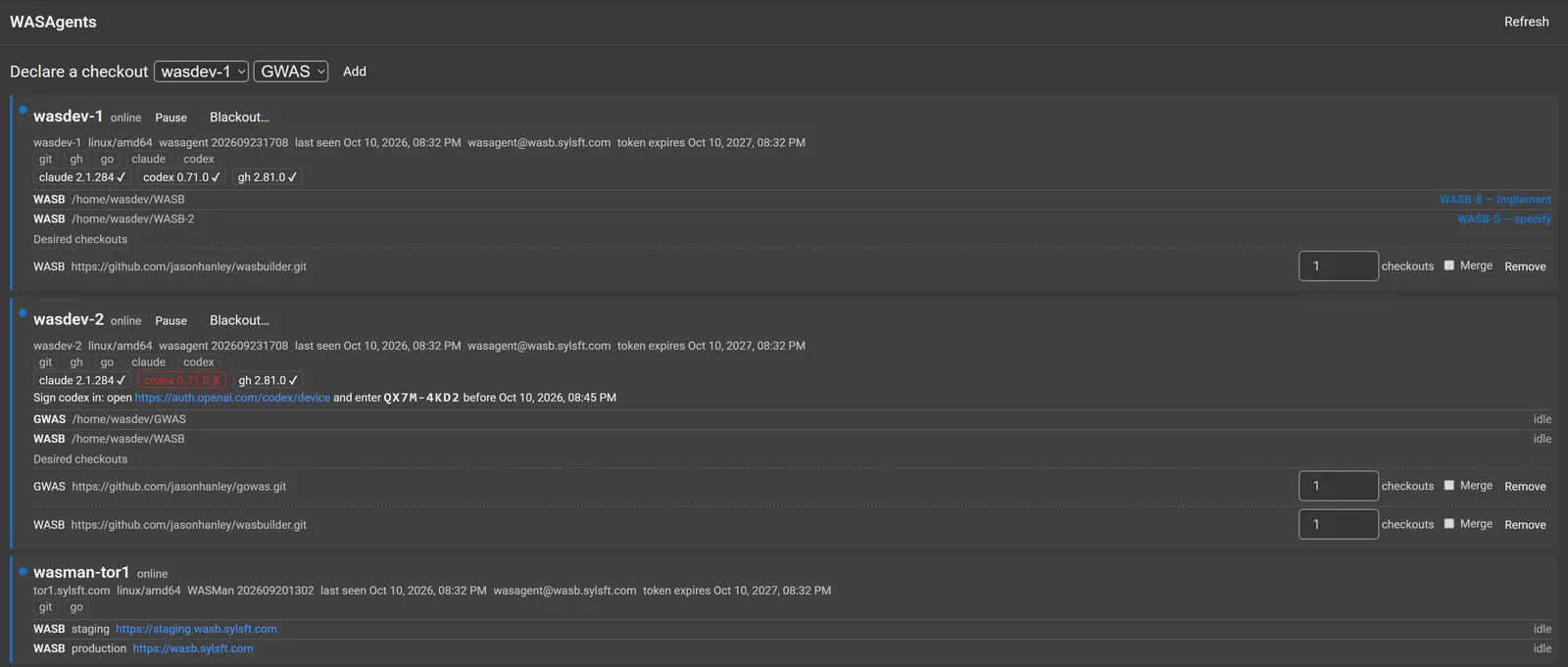 The WASAgents page listing the virtual developer hosts, a native Windows agent and a deploy manager, with each one's coding agent versions, sign-in state, running work and checkouts