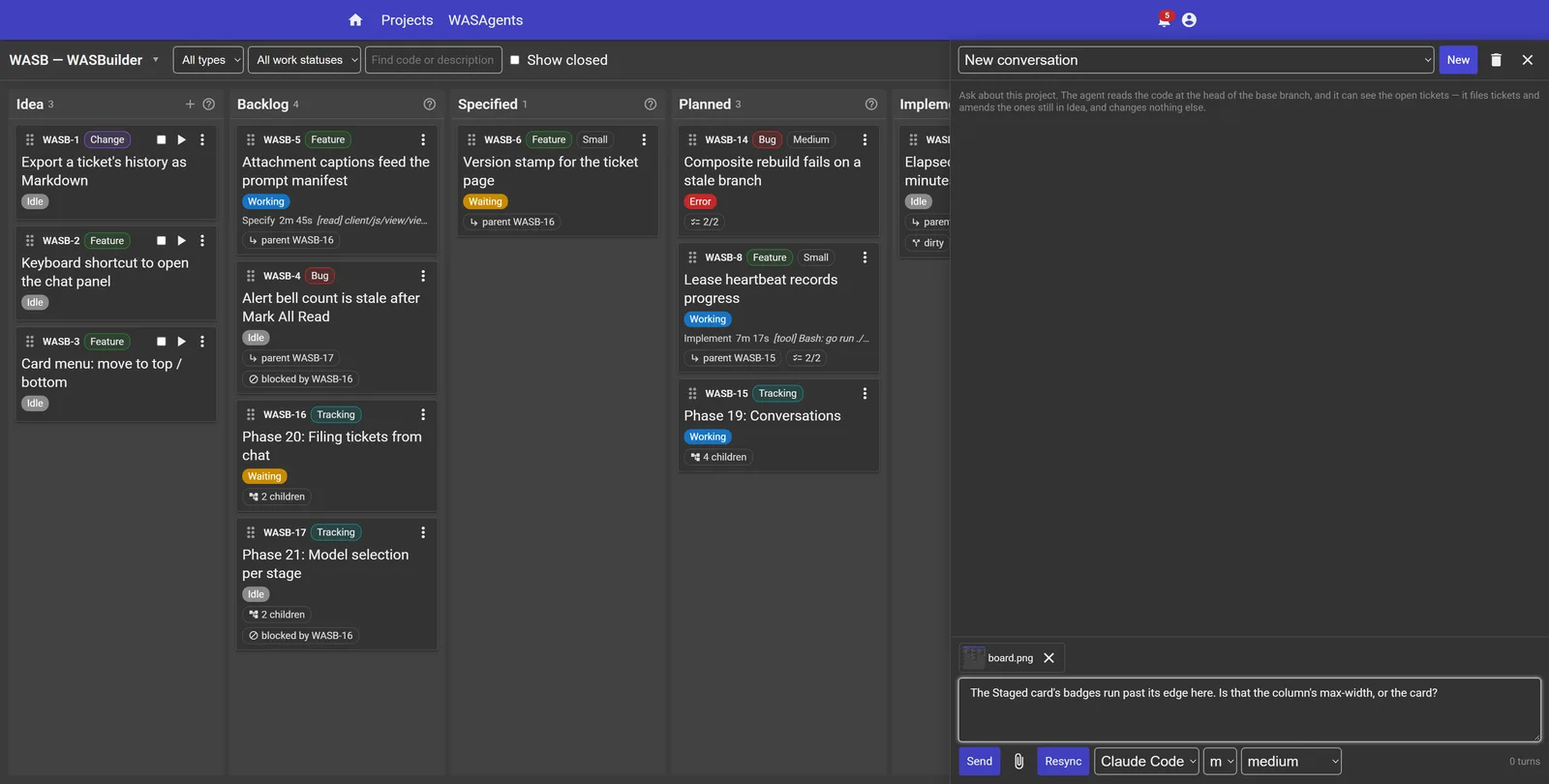 The chat panel open beside the board, with a screenshot attached, a typed question, and the coding agent, model size and effort selectors