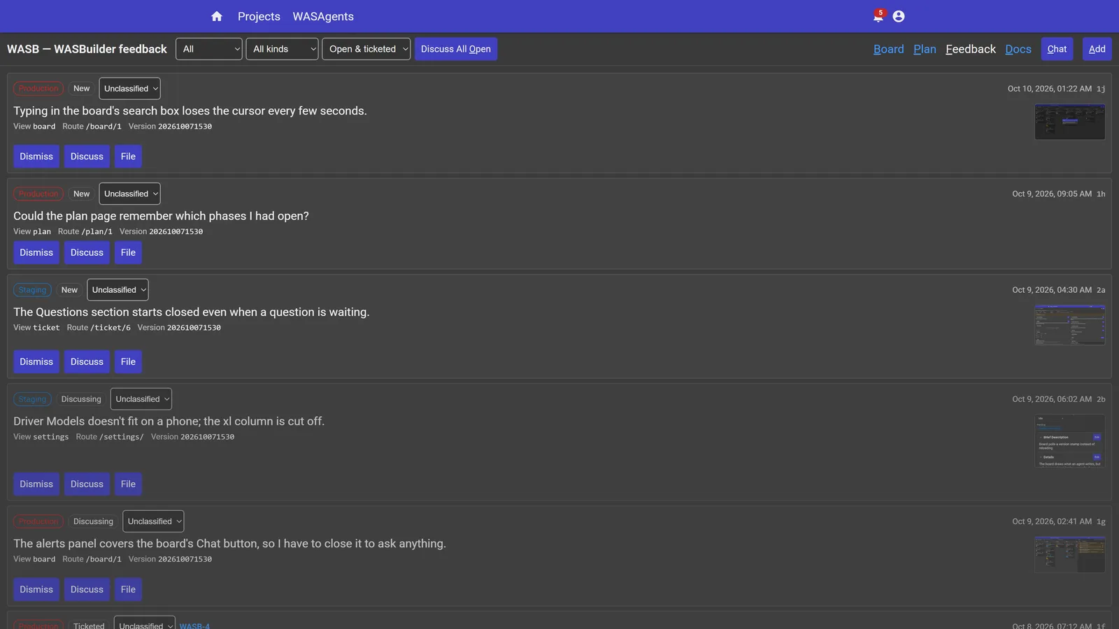 The Feedback page listing user reports from production and staging, each with the page it came from, some with a screenshot, and Dismiss, Discuss and File buttons