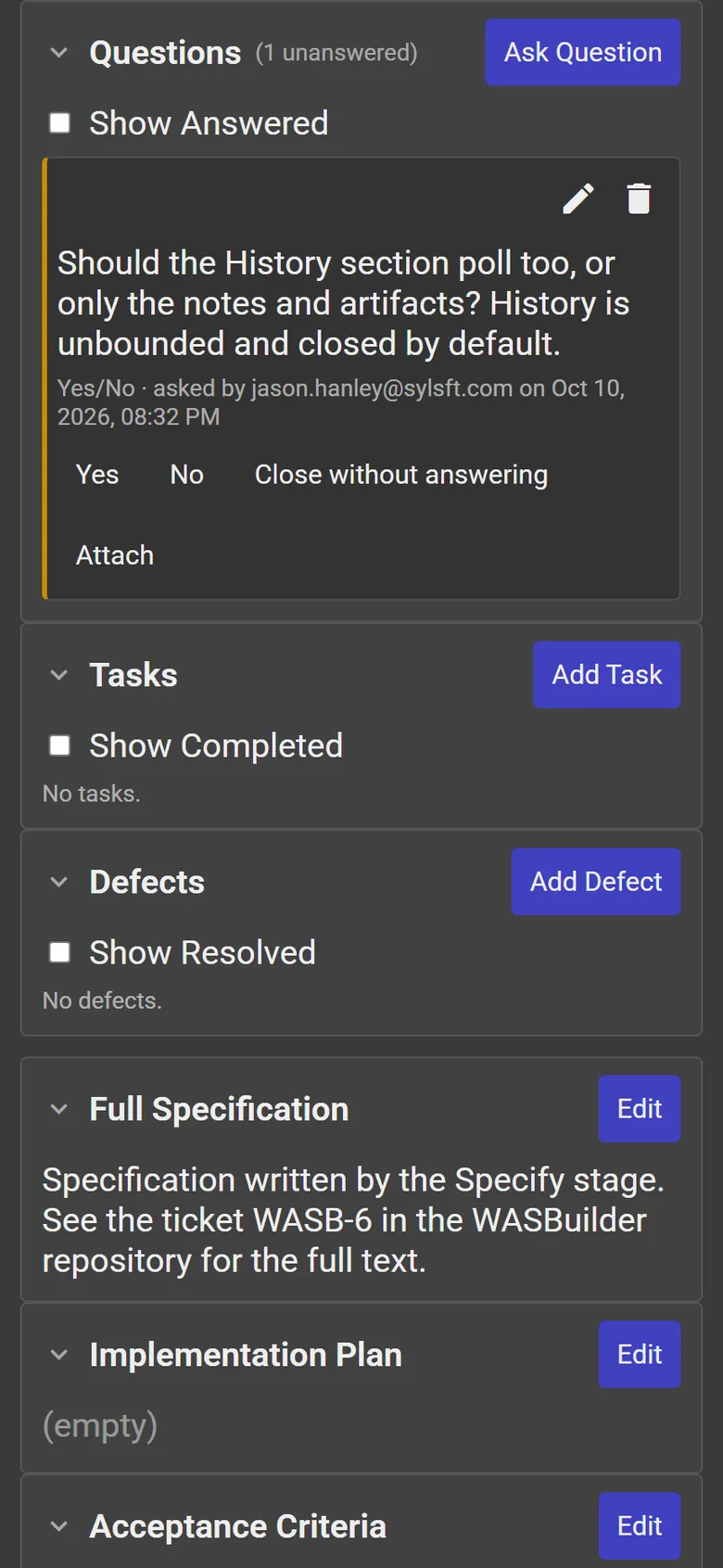 A WASBuilder ticket on a phone, with the Plan stage's yes or no question and its buttons
