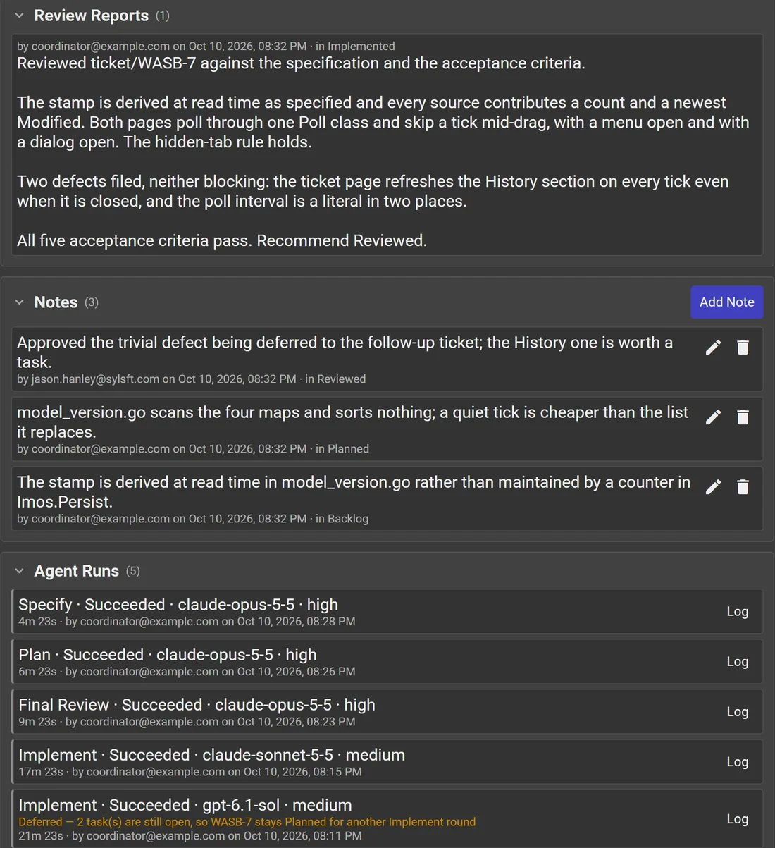 The review report, notes, and five agent runs on a ticket, each with its stage, outcome, model, effort, and duration