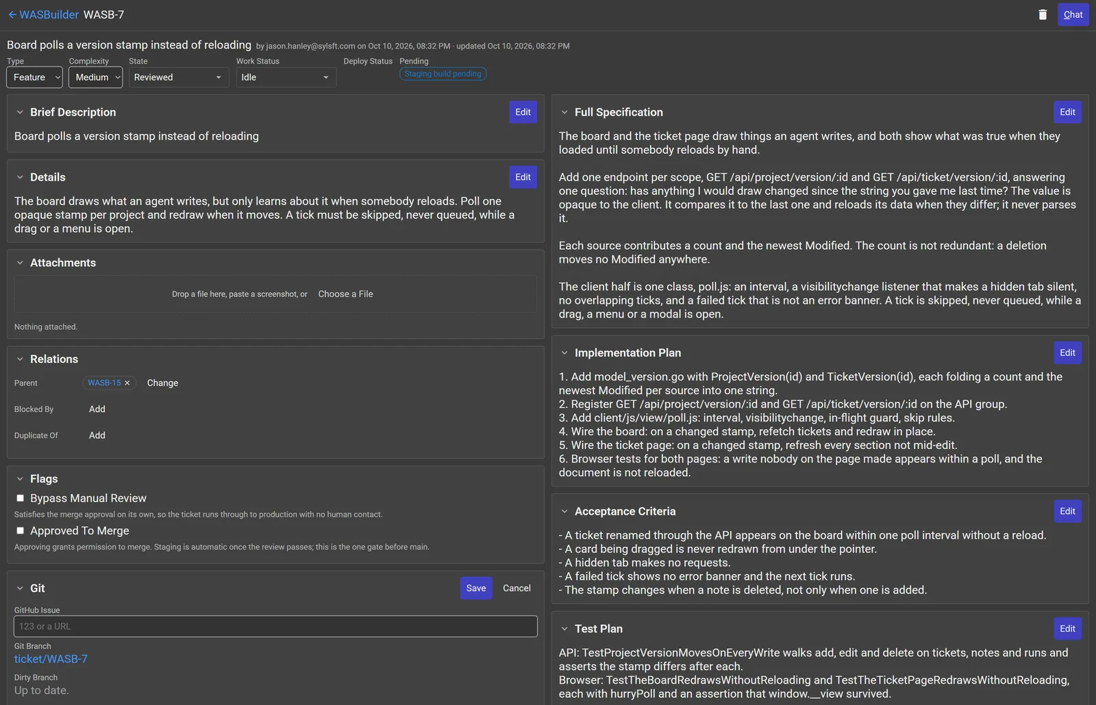 A WASBuilder ticket page showing the specification, plan, acceptance criteria, and test plan