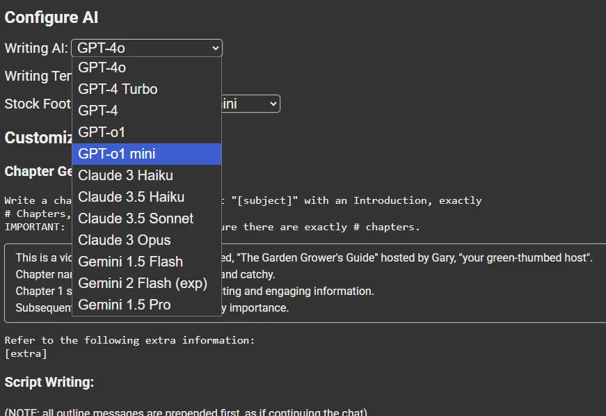 EduGen's Configure AI panel with a menu of GPT, Claude and Gemini writing models above the customizable chapter and script prompts