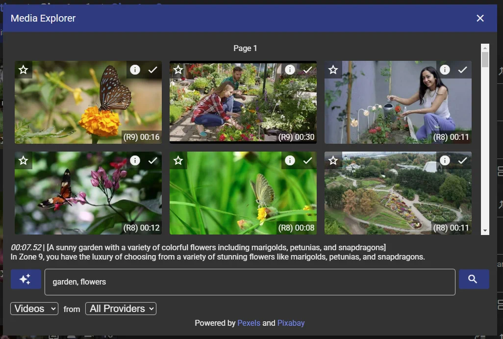 EduGen's Media Explorer showing garden and butterfly stock clips from Pexels and Pixabay, each ranked for relevance to the scene description below them