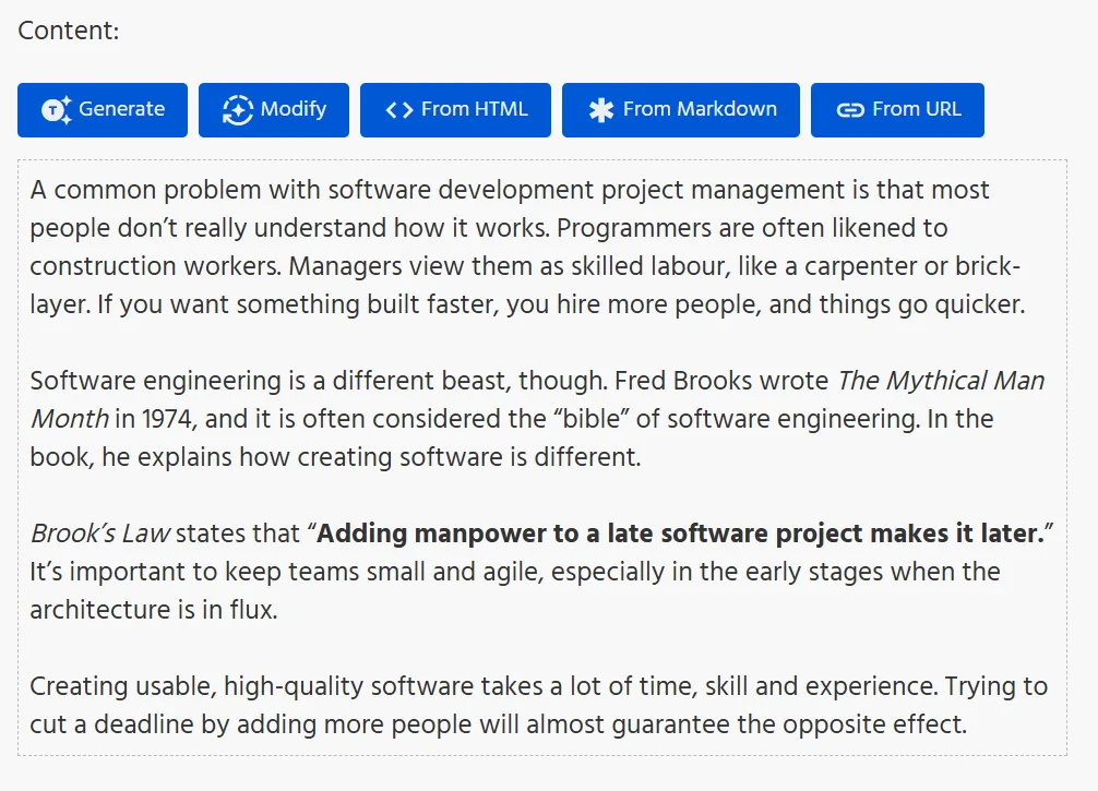 The GEM content editor with Generate and Modify buttons above an article draft