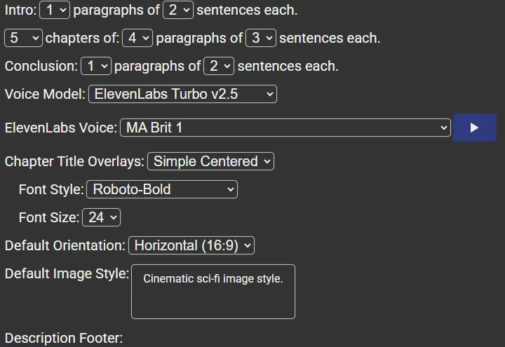EduGen channel settings for script length in chapters, paragraphs and sentences, the ElevenLabs voice, chapter title overlays, orientation and image style